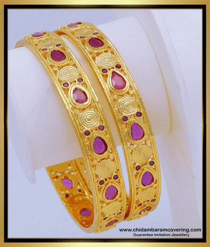 BNG595 - 2.8 Size Latest Ruby Stone Bangles Designs First Quality One Gram Gold Wedding Bangles