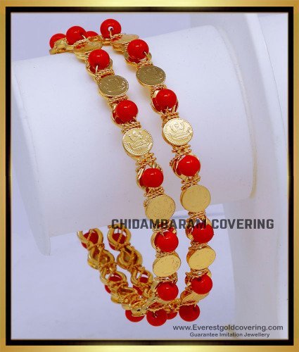 BNG863 - 2.6 Latest Gold Plated Red Coral And Lakshmi Coin Bangles