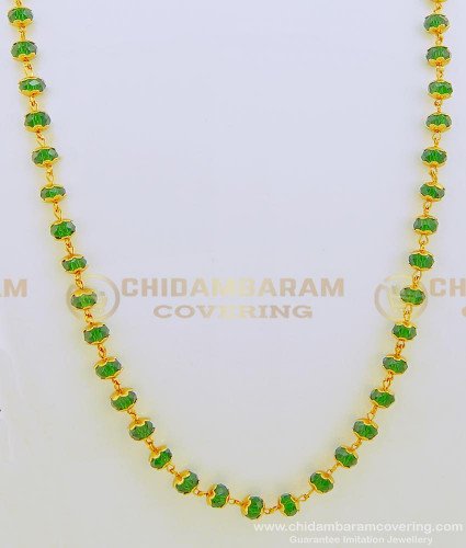 CHN154-LG - 30 Inches Single Line Gold Plated Green Mala Design Crystal Chain for Women