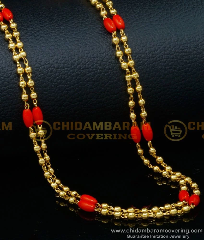 Buy Traditional Gold Design Red Coral Two Line Chain Gold Pavazham ...