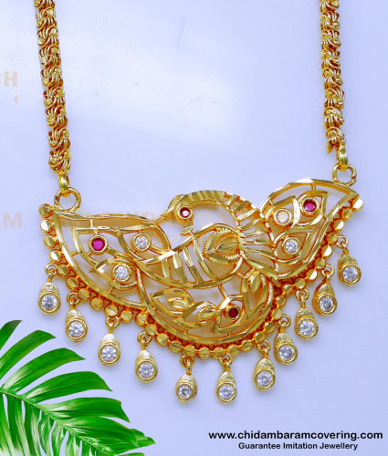 DCHN280 - Unique Peacock Model Ruby White Pendant Chain Design