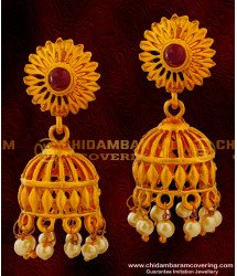 ERG020 – Latest Golden Matti Earrings Cage Design Jhumkas with Red Stone Flower Stud Online