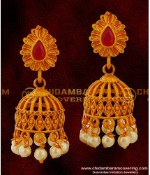 ERG024 – Cage Design Temple Jhumkas with Red Stone Golden Matti Earrings for Women