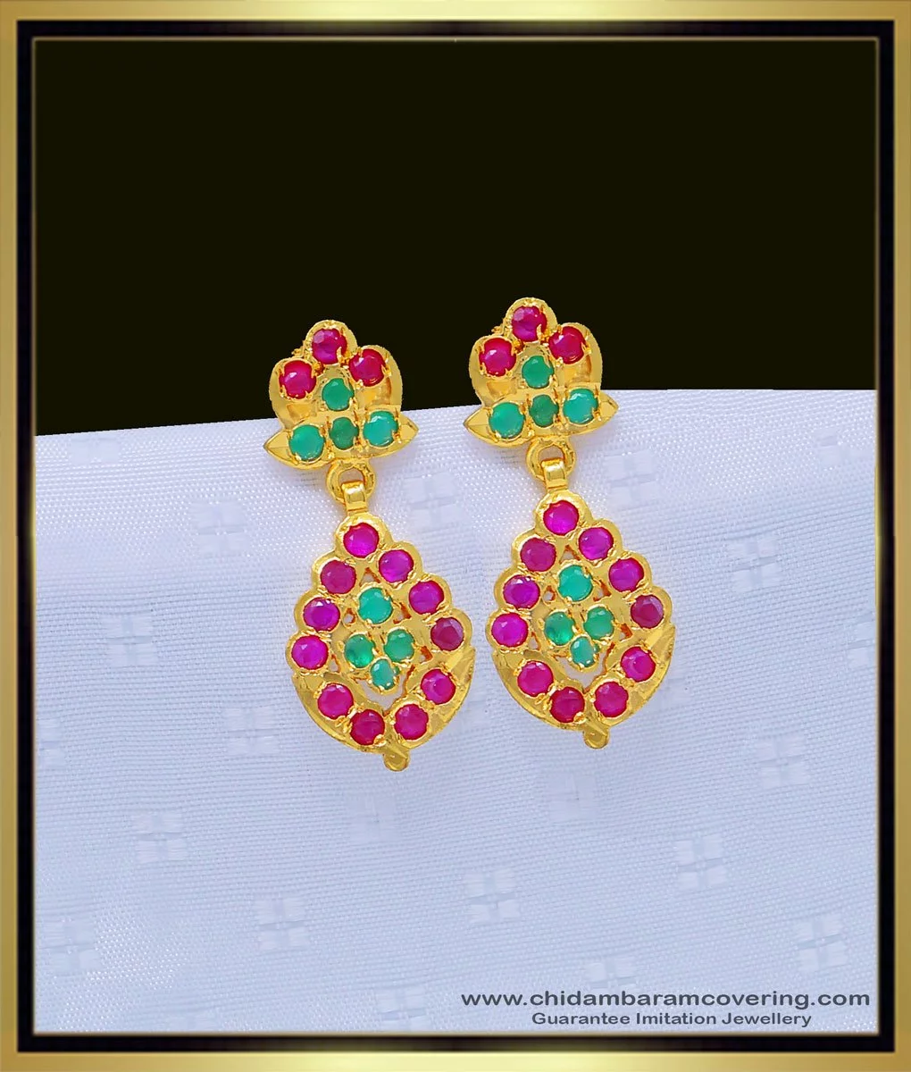 Ruby emerald earrings online with cz stones oval design - Swarnakshi Jewelry