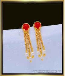 ERG1070 - New Model One Gram Gold Three Line Red Coral with Pearl Earrings for Girls