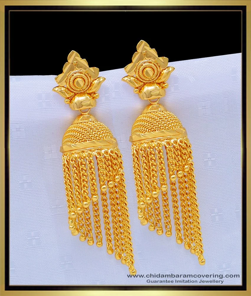 Buy Bridal Wear Real Gold Design Hanging Chain Jhumkas Earing One Gram ...