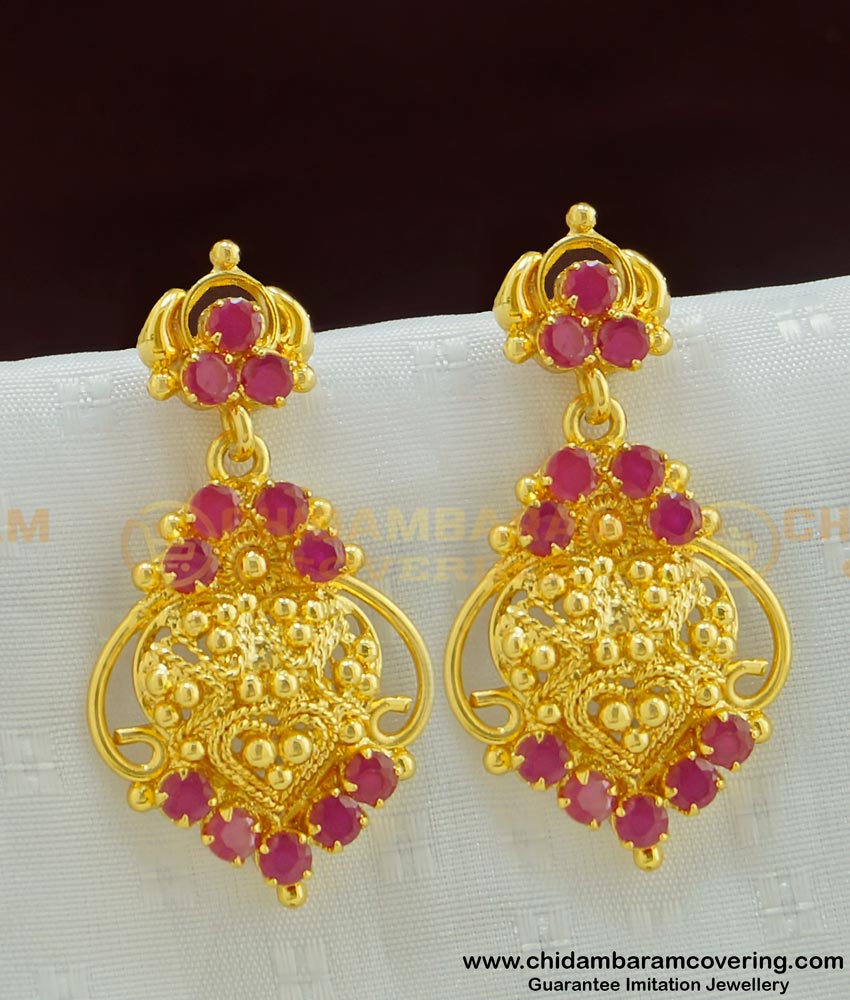 ERG487 - Bridal Wear Ruby Stone Gold Dangle Earring for Female 