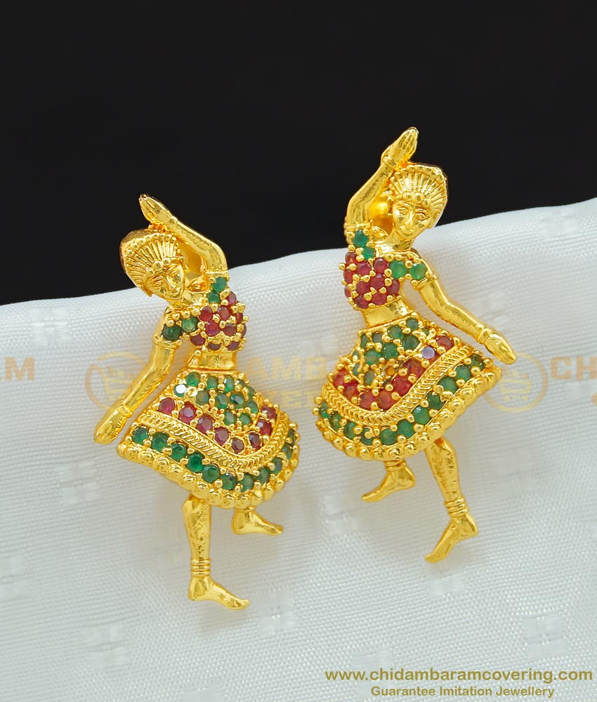ERG656 - Cute Dancing Doll Earrings Gold Design Ruby Emerald Stone Butta Bomma Earrings 