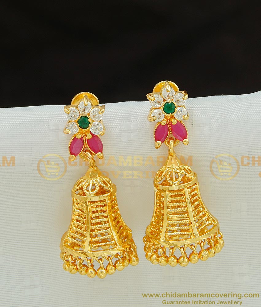 ERG765 - Latest Bridal Wear Real Gold Jhumkas Design Gold Plated Stone Jhumkas for Wedding