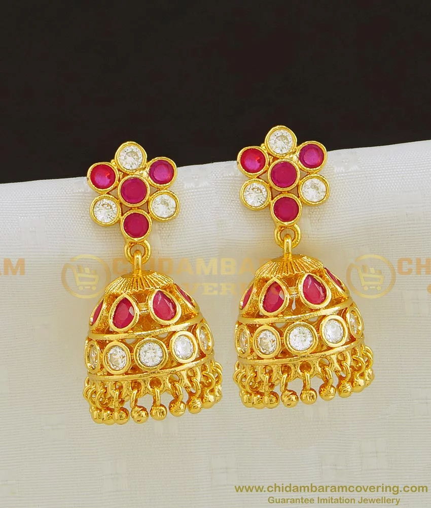 Buy Bridal Wear Gold Jhumka Earring Ruby and White Color Stone Jimikki ...