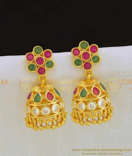 Buy Beautiful South Indian White and Ruby Stone Gold Covering Jhumkas ...