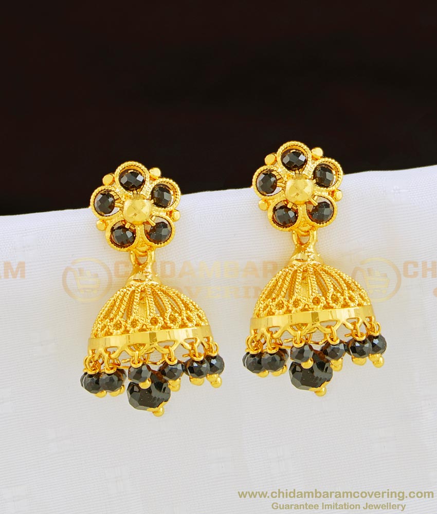 ERG854 - Traditional Indian Jewelry One Gram Gold Black Crystal Jhumka Earrings for Women
