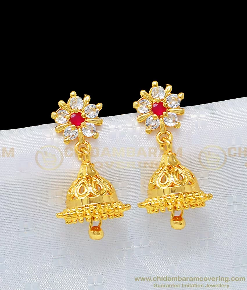 Buy Traditional South Indian White and Ruby Ad Stone Jhumkas for Women