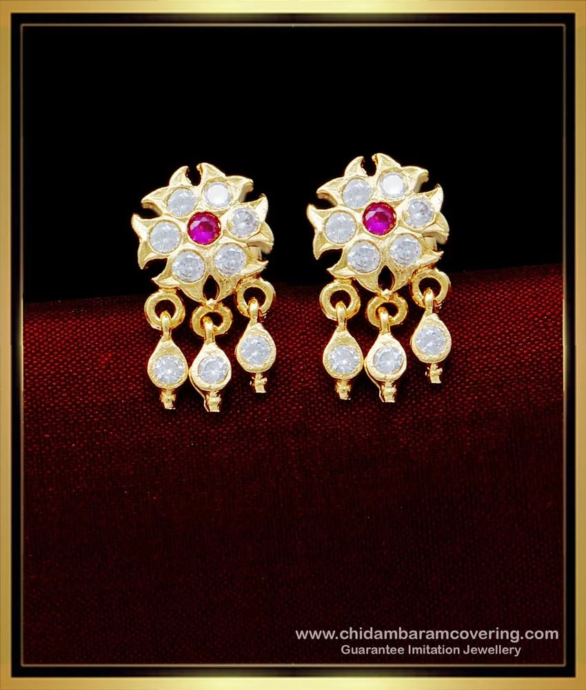 Elegant Gold Plated Ruby and White Stone Stud Earrings