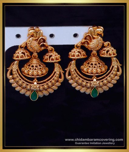 ERG2118 - Unique Peacock Design Antique Chandbali Earrings Gold