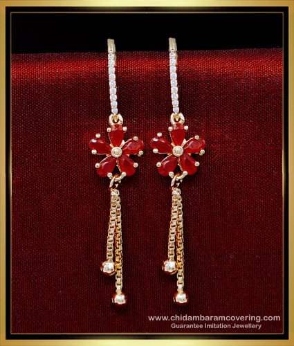 ERG2158 - Unique Ruby Stone Flower Hanging Earrings Design Latest