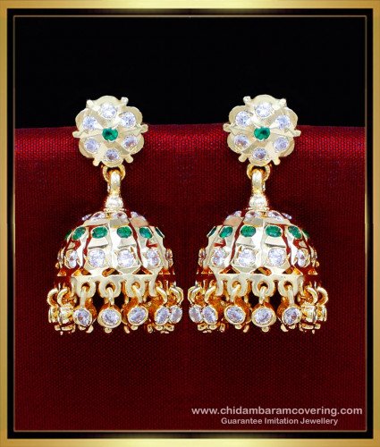 ERG2225 - Impon White and Emerald Bridal Gold Jhumka Design