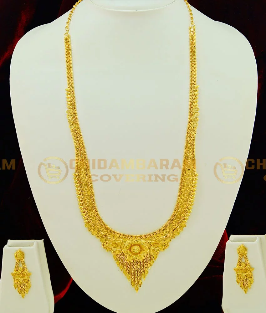 Amazing Manga Malai Gold Haram Designs in Imitation Kemp Stones Long  Necklace Jhumka NL22970