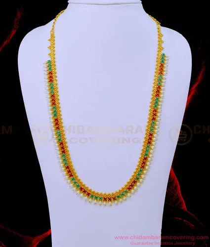 22K Gold '3 Lines - Lakshmi' Necklace For Women with Pearls , Ruby & Emerald  Beads - 235-GN4209 in 30.300 Grams