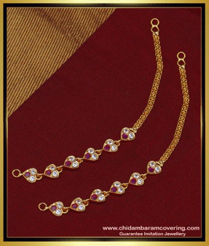 MAT114 - Latest Impon Bridal Wear White and Ruby Stone Suthu Maatil Side Ear Chain for Women  