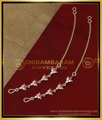 Matte finish ruby-emerald Lakshmi pearl earrings side chain dj-38929 –  dreamjwell