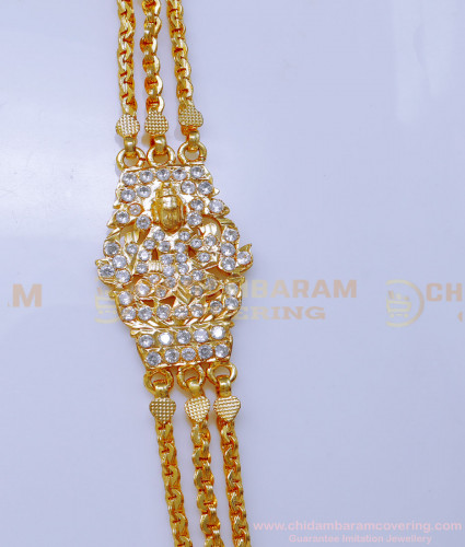 MCHN566 - Impon 3 Line White Stone Lakshmi Mugappu Chain Gold Design