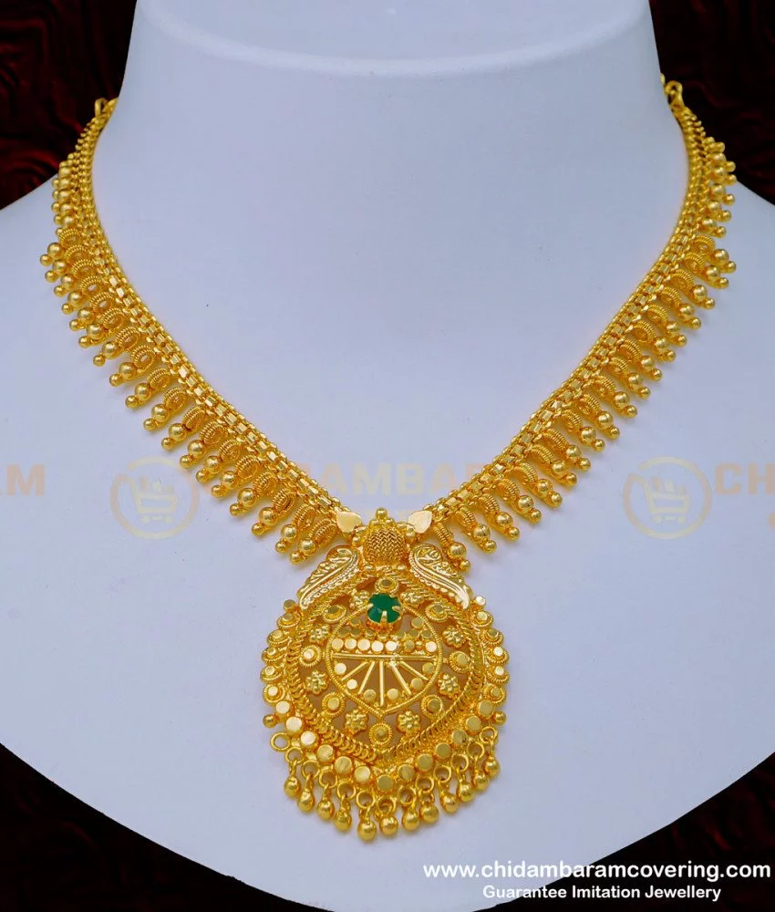 Buy Gold Design Single Emerald Stone One Gram Gold Necklace for Wedding