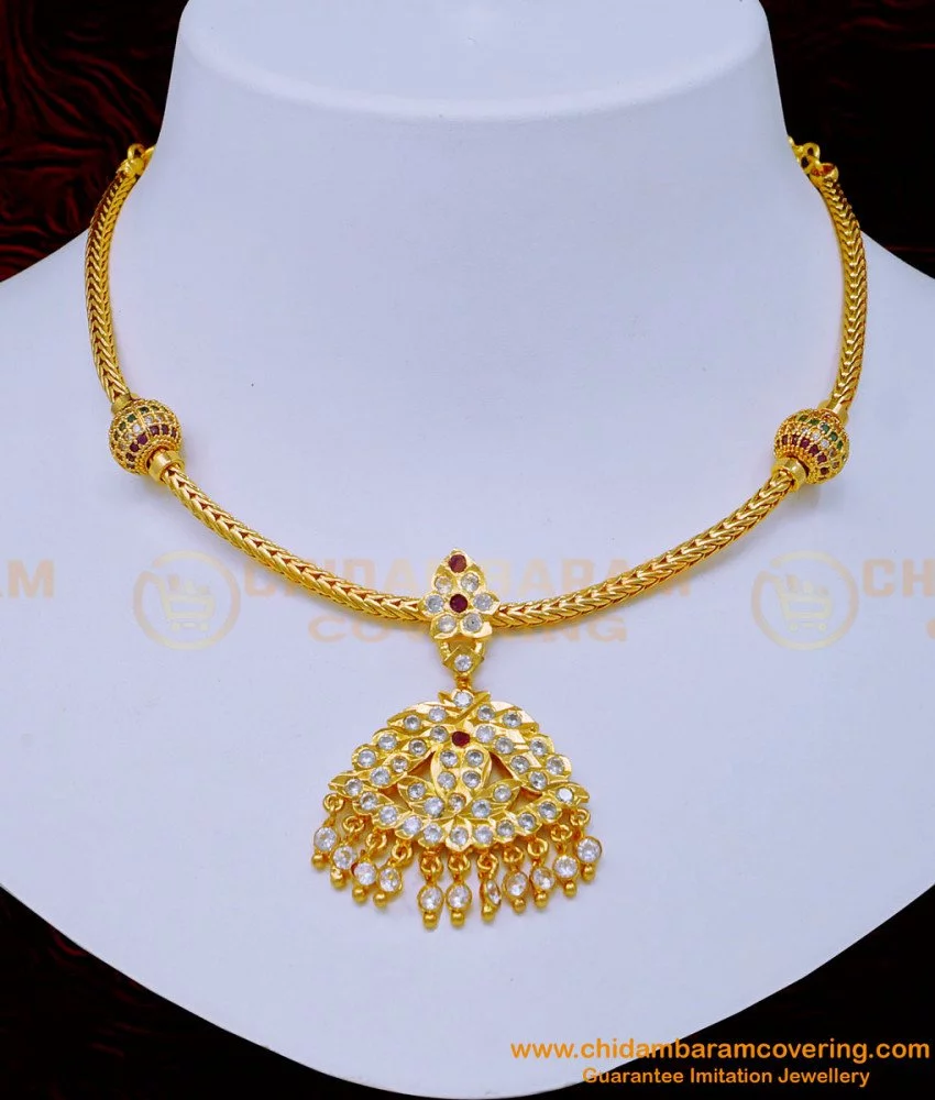 Buy South Indian Impon Jewellery White and Ruby Stone Attigai Necklace ...