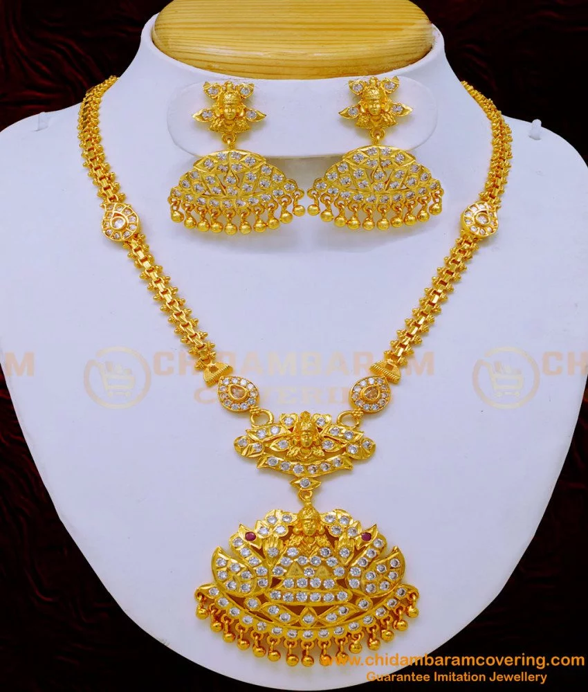 Buy Latest Impon White Stone Lakshmi Design Necklace with Earrings Five ...