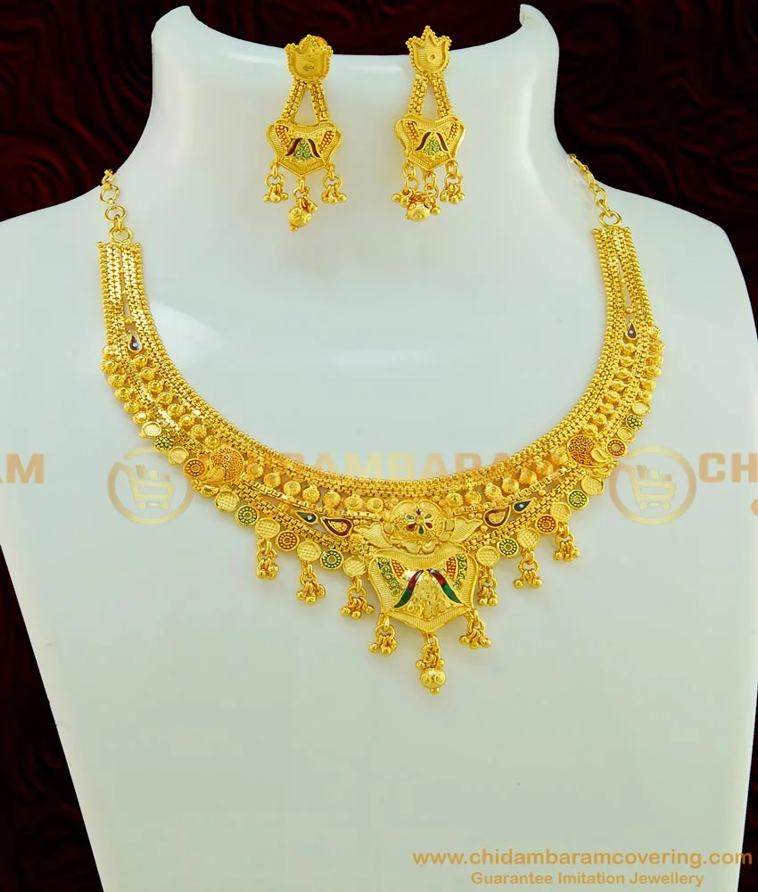 Buy Bridal Wear Enamel Gold Necklace Design and Earring Combo Set ...