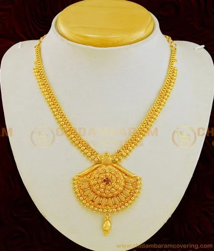 Buy New Kerala Style One Gram Gold Plated Single Stone Necklace for Wedding