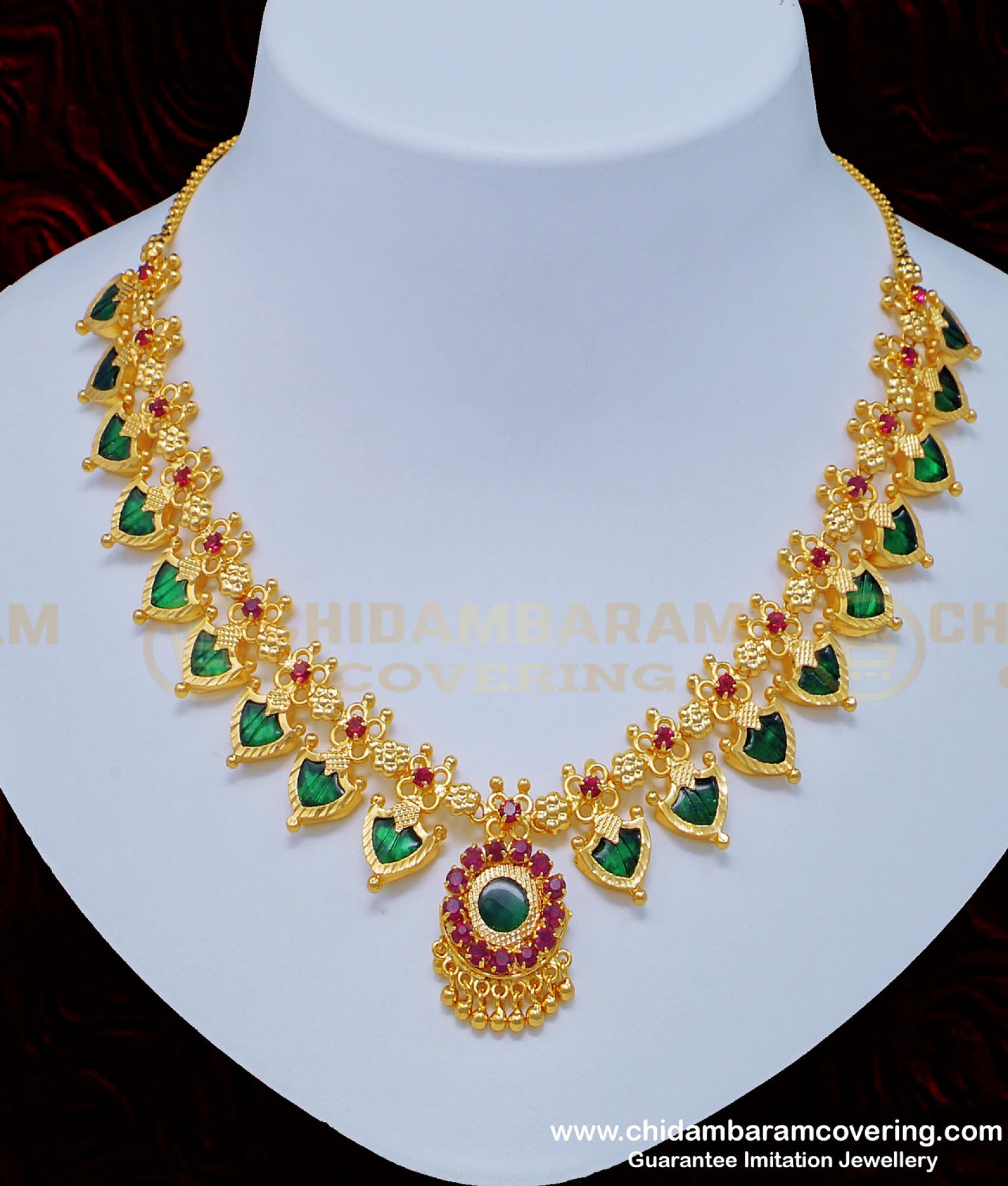 Buy One Gram Gold Pink Stone Green Palaka Necklace Design Kerala ...