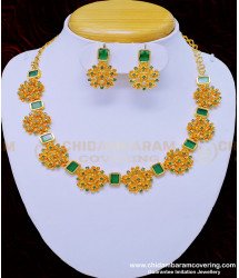 NLC913 - Beautiful Kerala Jewellery Gold Plated Flower Design Green Stone Necklace Set for Wedding 