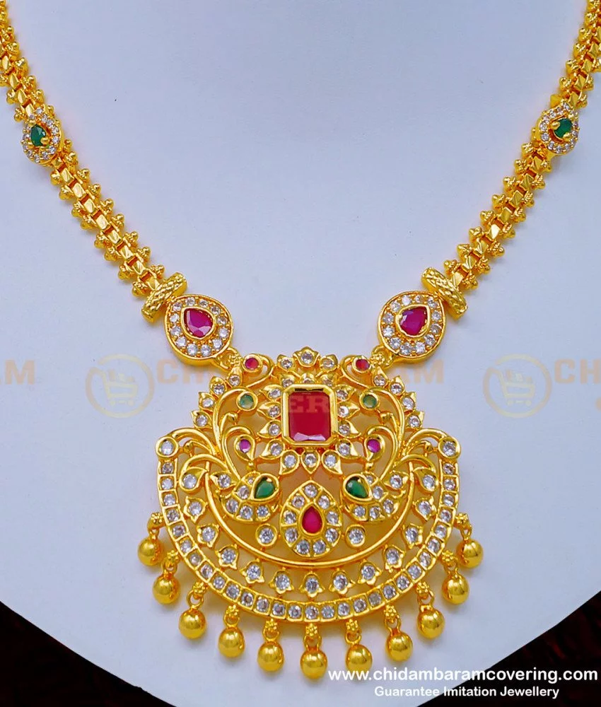 Buy Gold Pattern First Quality Gold Plated Multi Stone Necklace for Wedding