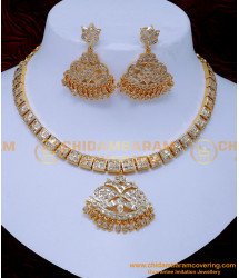 NLC1411 - Traditional Gold Design White Stone Impon Necklace Set