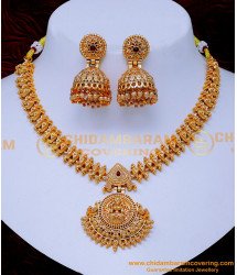 NLC1435 - Lakshmi Temple Necklace Gold Design with Jhumkas