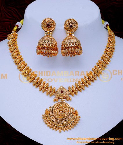 NLC1435 - Lakshmi Temple Necklace Gold Design with Jhumkas