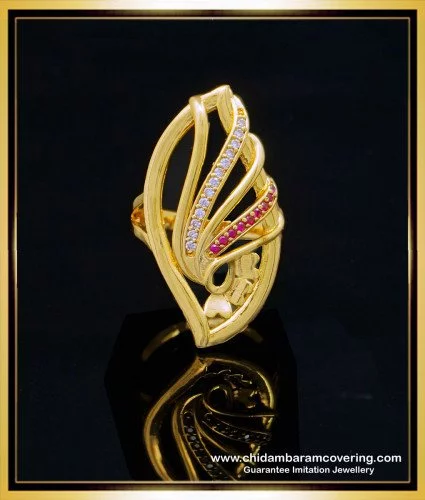 Stylish Leaf Design Finger Ring with Green Stone - South India Jewels
